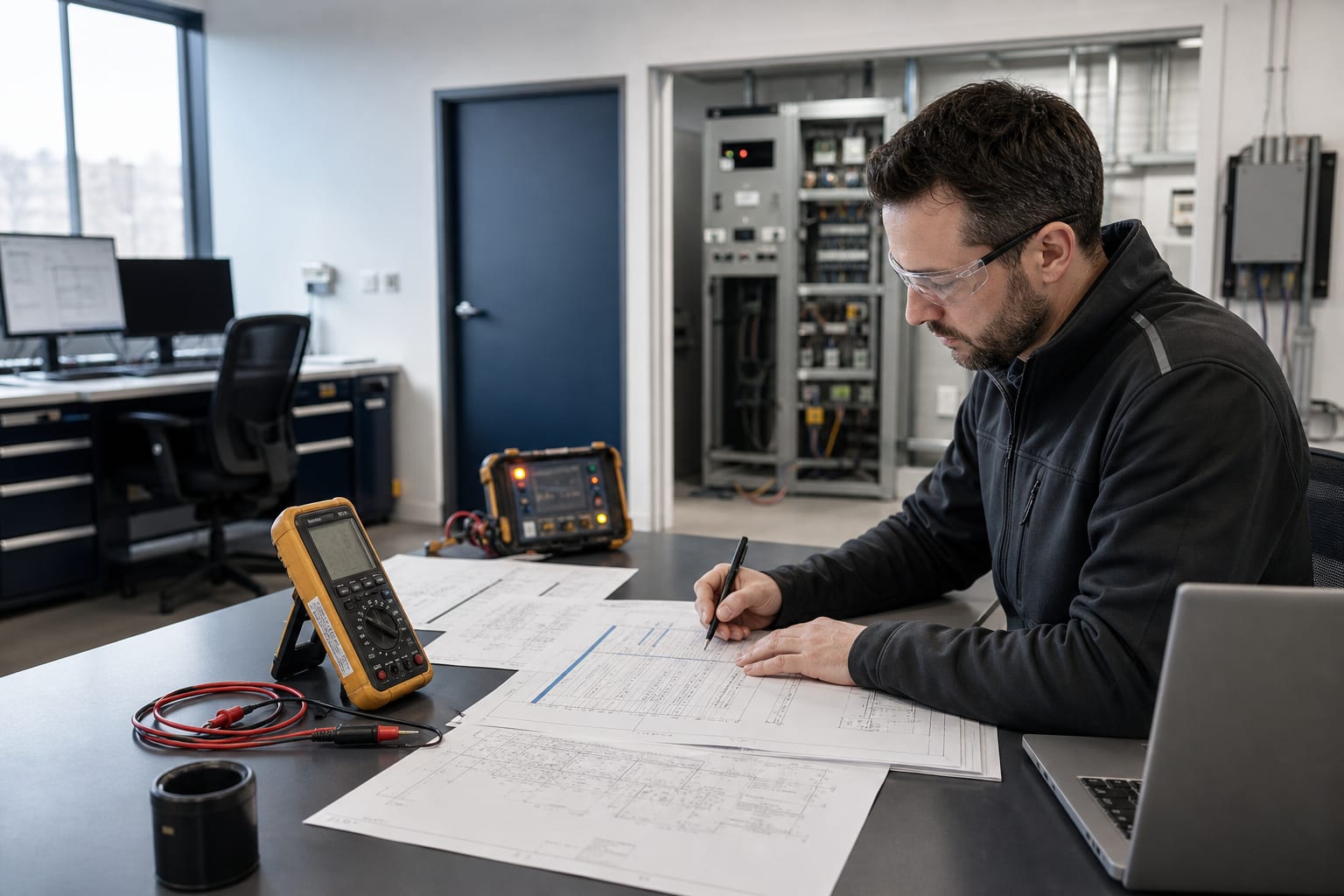 Power protection engineer reviewing an electrical specification and test data