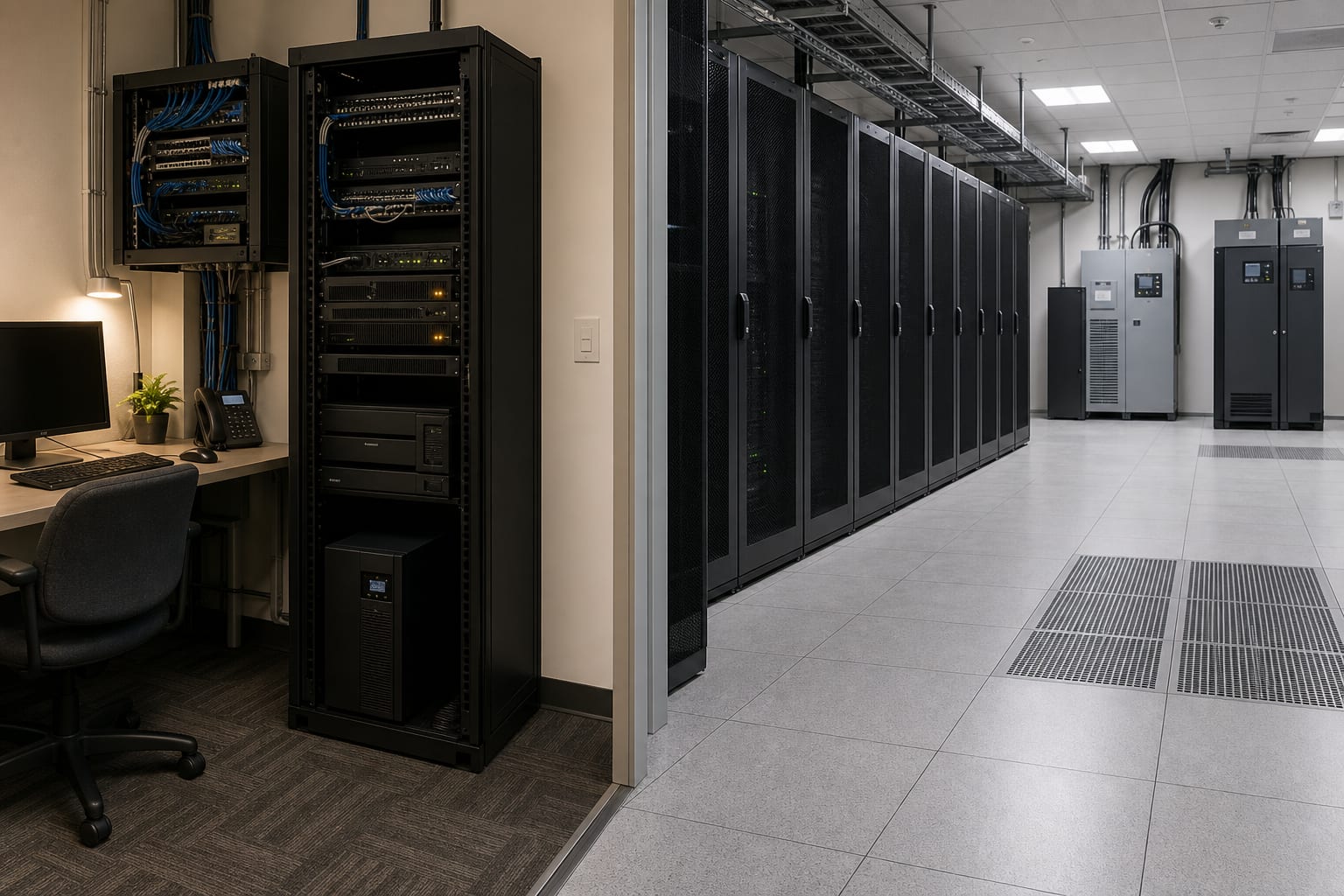 Office communications rack beside high-availability data centre infrastructure