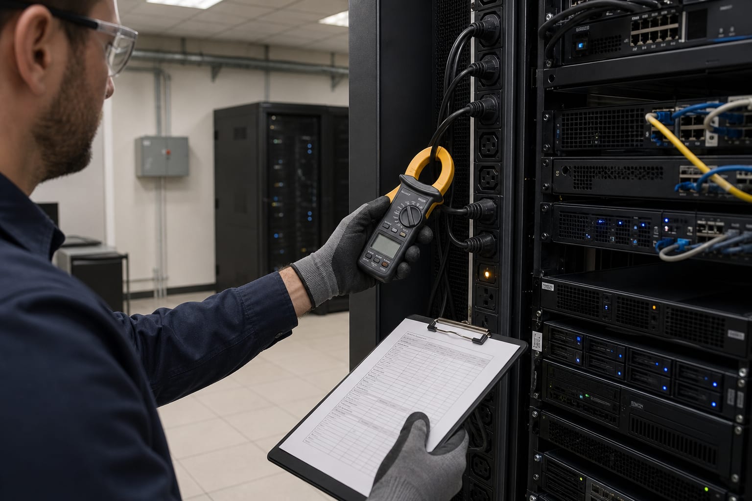 Engineer measuring electrical load at a server rack